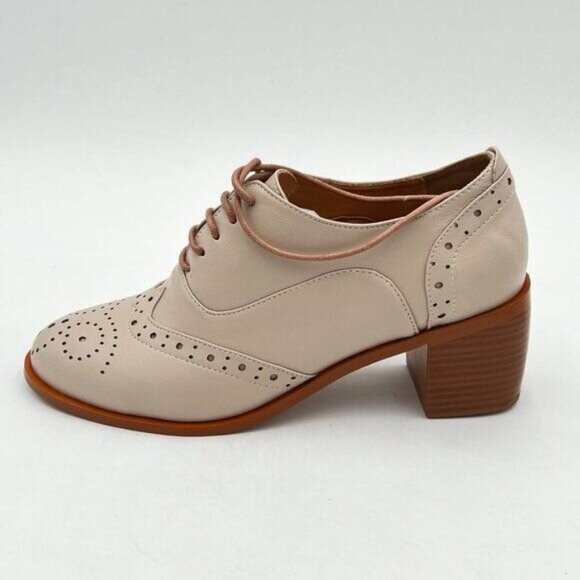 FOWT Women's Perforated Lace-Up Oxfords Almond Toe Mid Chunky Heel Business - Picture 1 of 5